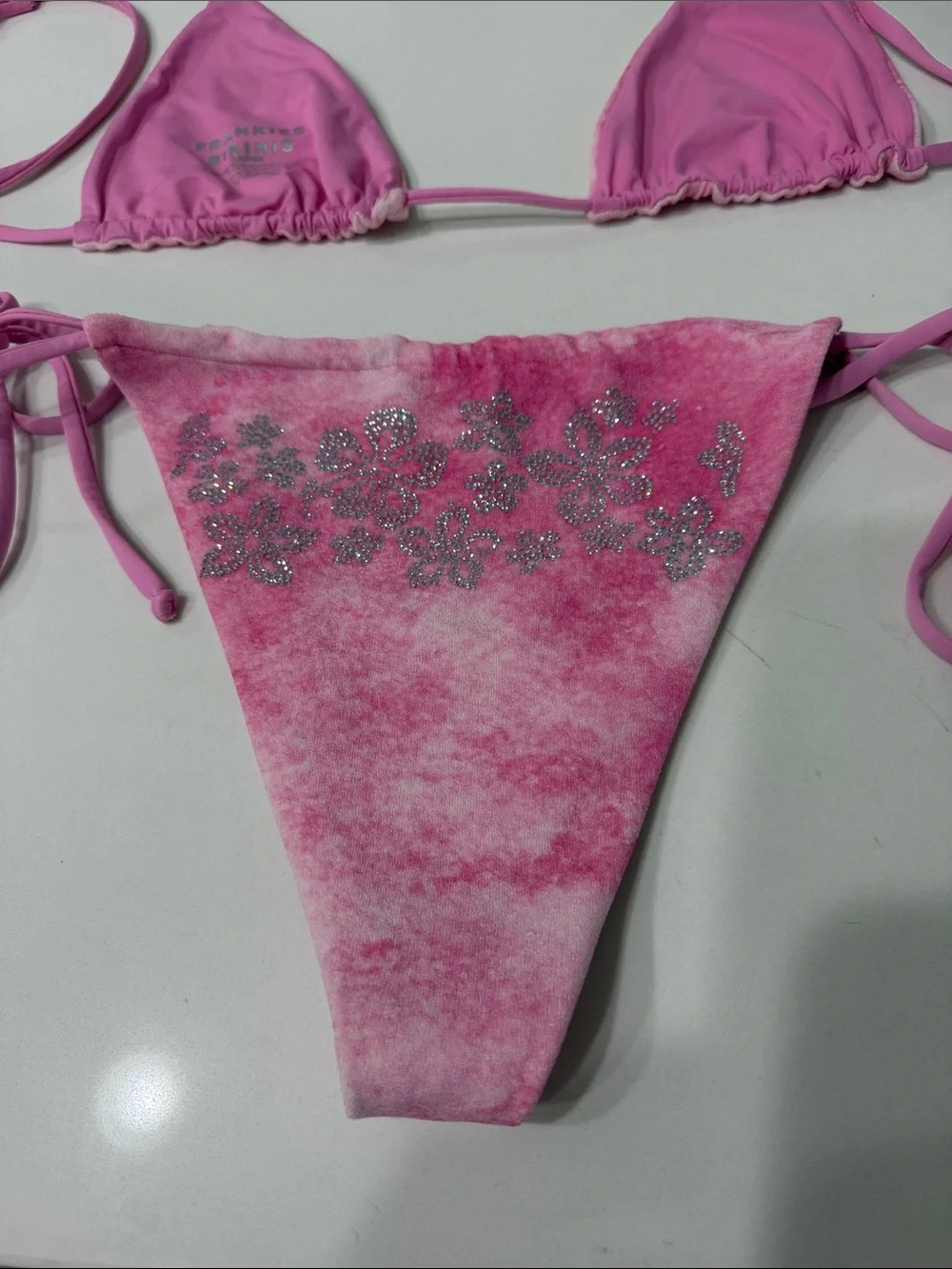 Frankies Bikinis Tia Terry Bikini Set in Pink Dye with Hibiscus Rhinestones  | L